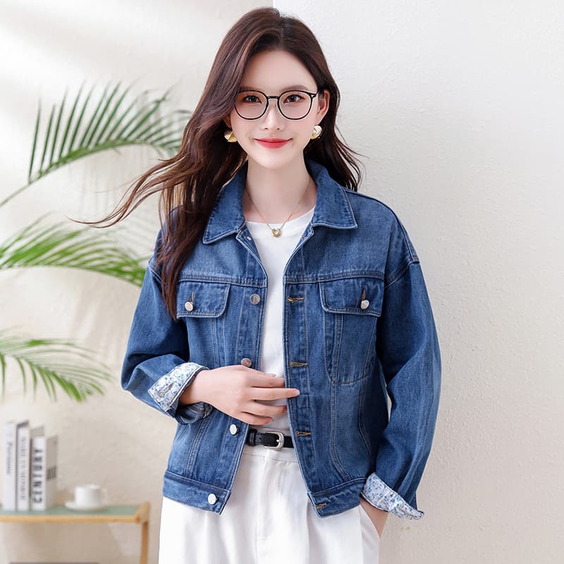 실사 레트로 워싱 데님 짧은 여성 코트 가을 새로운 꽃무늬 패치워크 루즈핏 긴팔 재킷 캐주얼 맨위 이미지 3