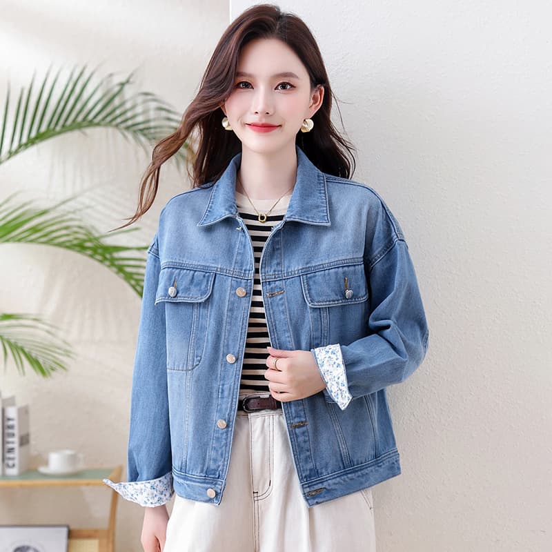 실사 레트로 워싱 데님 짧은 여성 코트 가을 새로운 꽃무늬 패치워크 루즈핏 긴팔 재킷 캐주얼 맨위 이미지 4