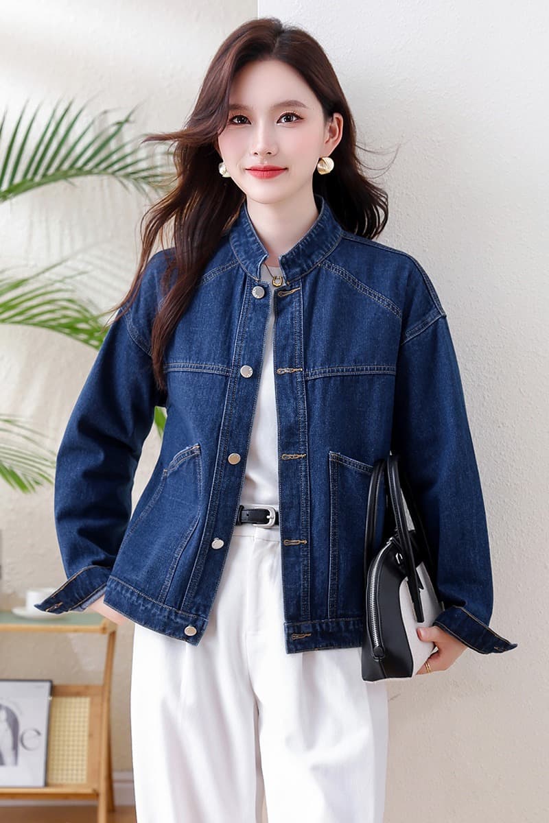 실사 쇼트 스타일 데님 여성 코트 봄 가을 스탠드 칼라 루즈핏 캐주얼 재킷 패션 외국 가스 데님 맨위 외출용 이미지 7