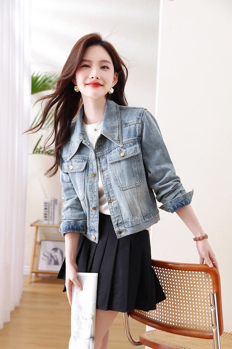 실사 봄 새로운 데님 짧은 외투 와인 레드 디자인 센스 항구 바람 여성 맨위 다용도 재킷 이미지 7